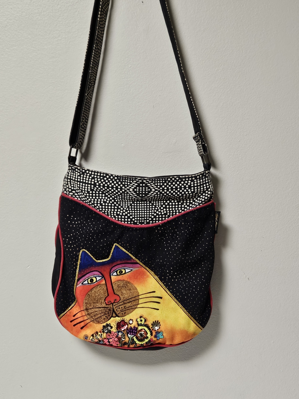 Laurel Burch Whimsical Cat Folk Art Black Canvas Shoulder Crossbody Bag Purse